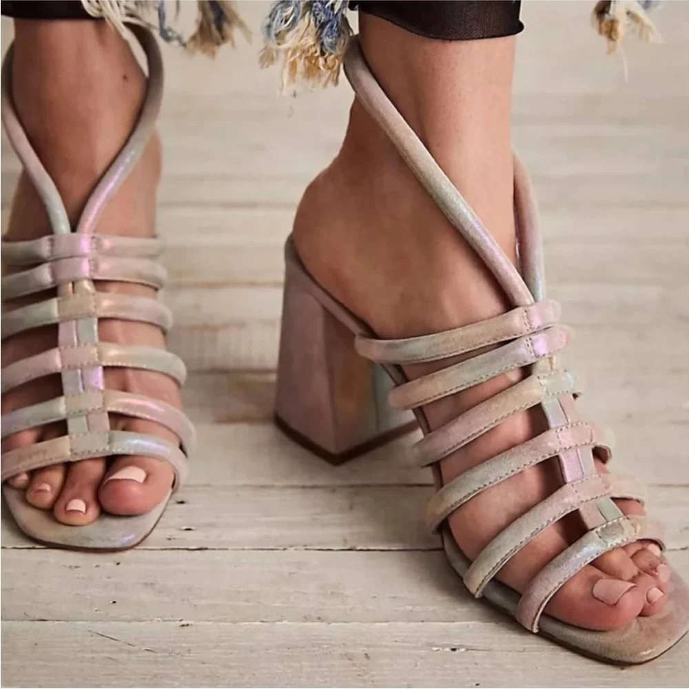 Free People Colette Cinched Heeled Sandals Rainbow iridescent Lustrous Heels 37 - Picture 4 of 15